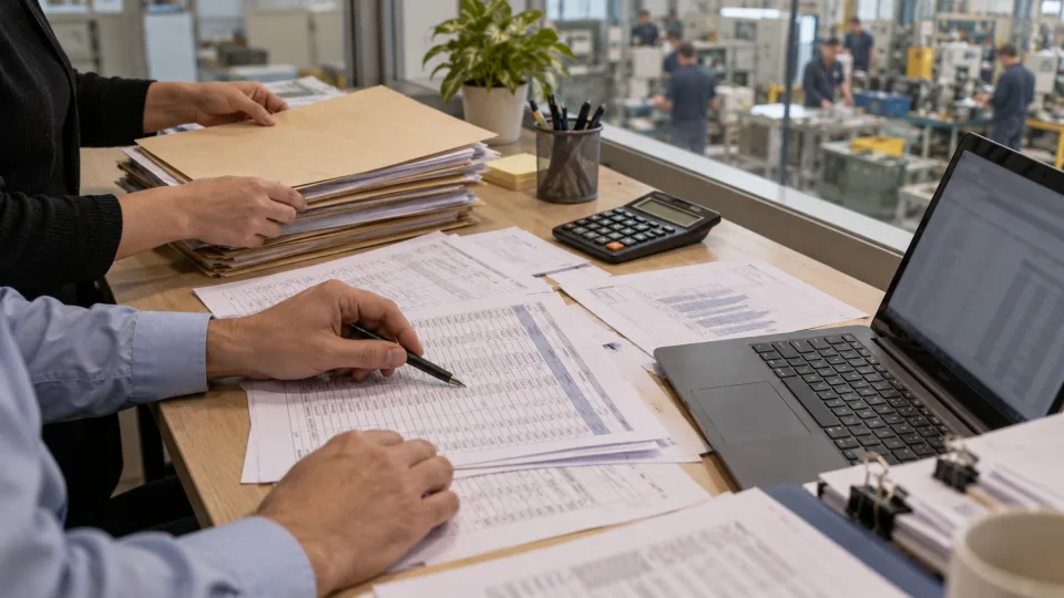 Fabrika ofisinde personel ve finans kayıtlarını karşılaştıran çalışanların elleri