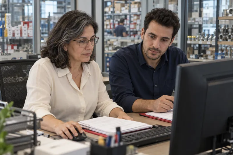 Team reviewing dealer accounts on a computer at an industrial product distributor