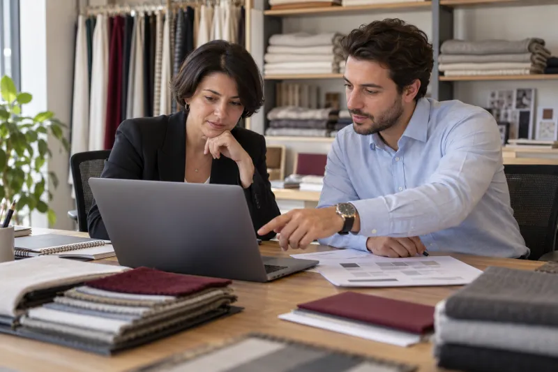 Two people evaluating portal readiness via computer and workflow in a textile company