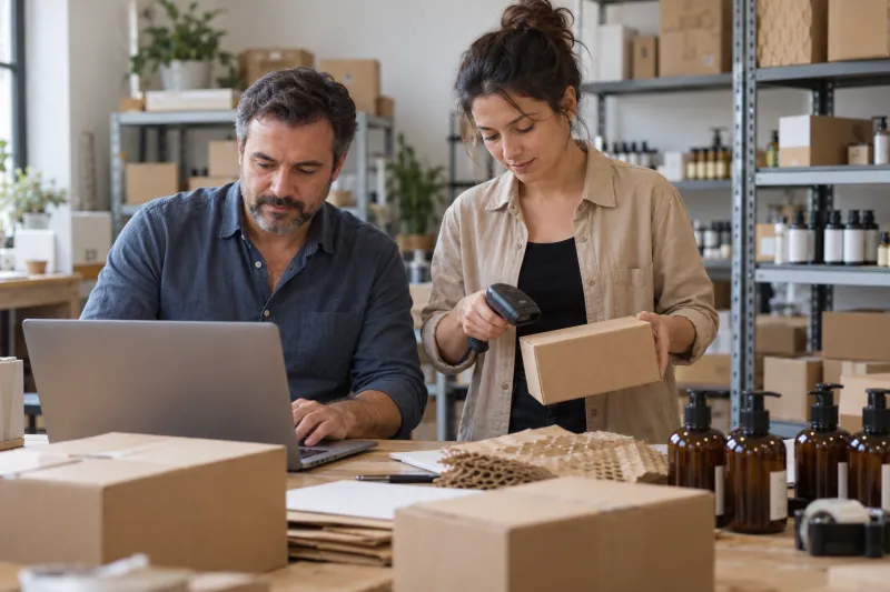 Two employees checking the order pallet with a computer and barcode reader at a cosmetics wholesaler
