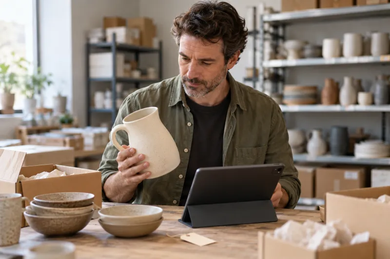 Wholesale sales employee checking ceramic product catalog information on a tablet