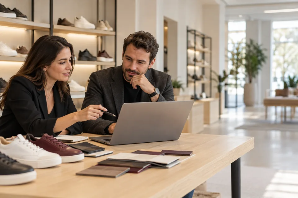 Team reviewing dealer orders together on a computer in a showroom