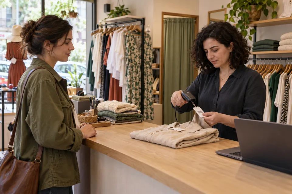 The shop owner reading the barcode label of the shirt chosen by the customer in a boutique store