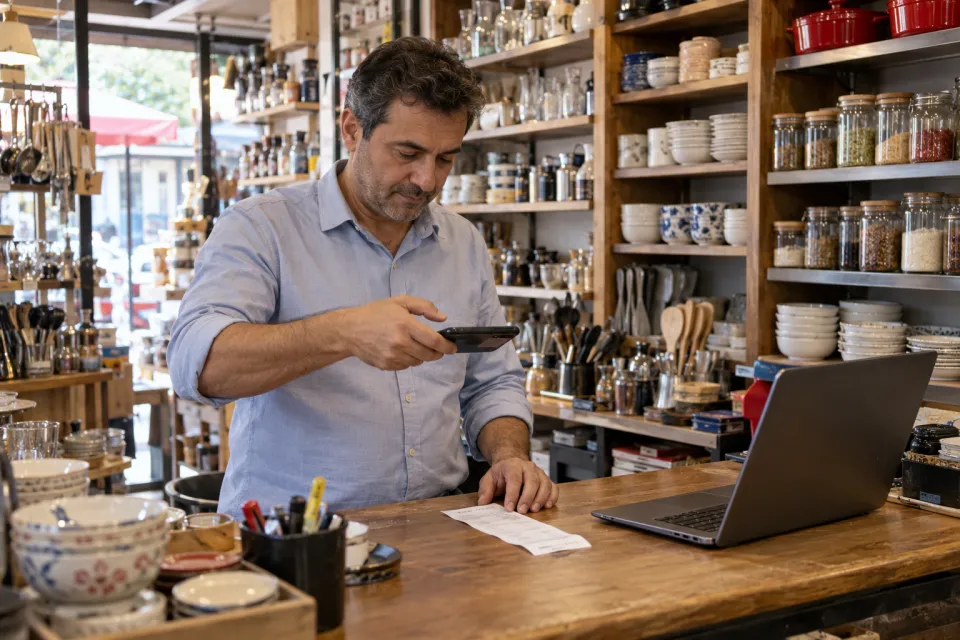 Shopkeeper taking a photo of a receipt on the counter in a grocery store