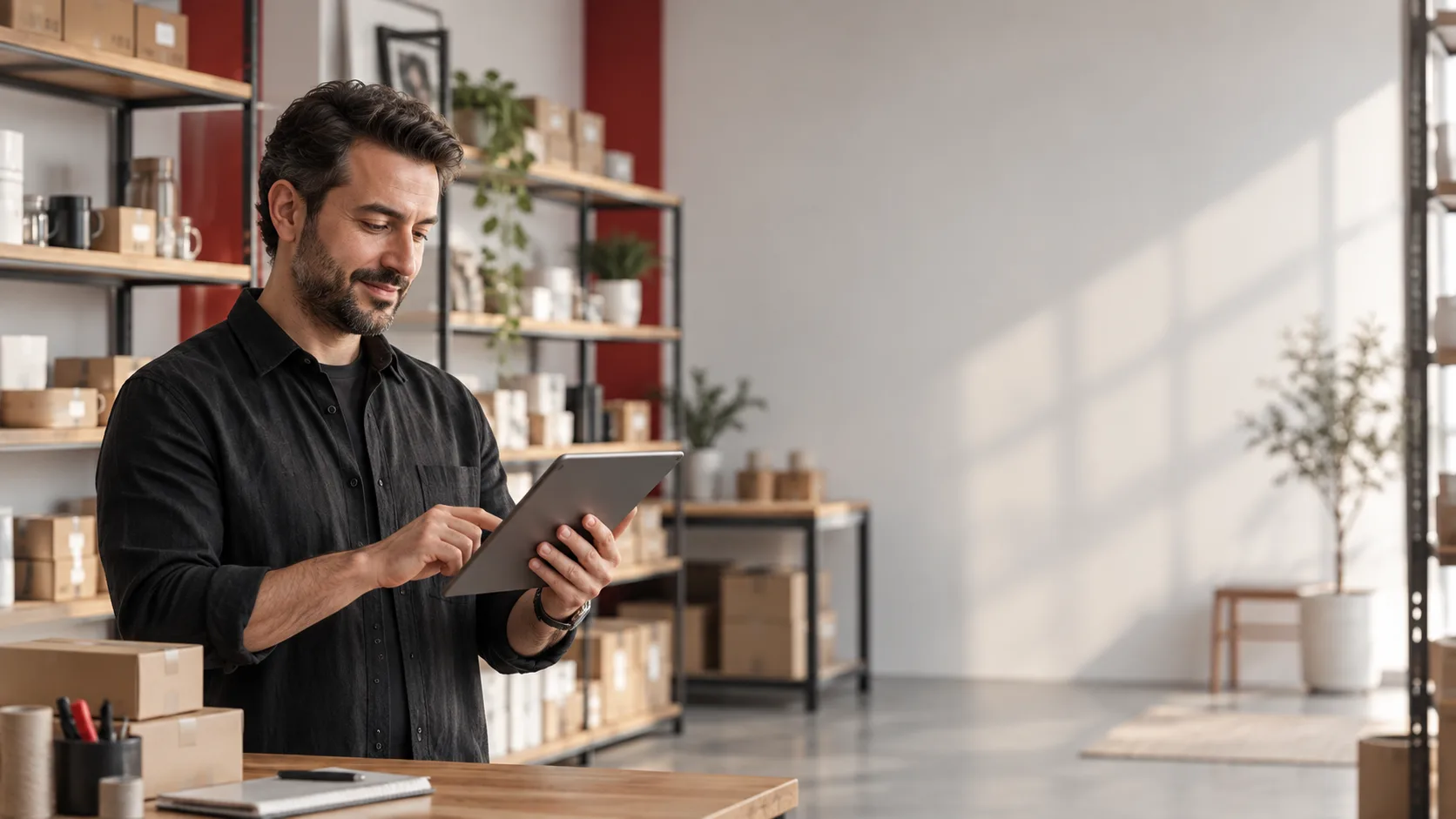 Depoda tabletinden işletme kayıtlarını inceleyen çalışan