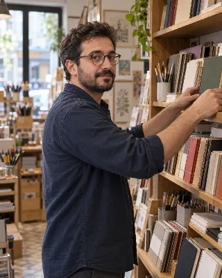 Business owner placing ledgers on a shelf in a stationery shop