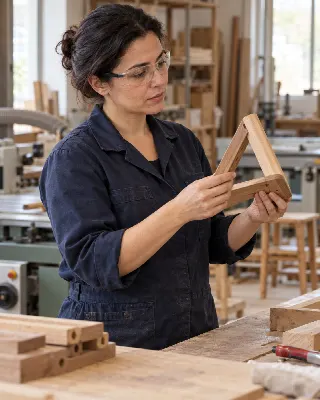 Production manager checking a finished part in a furniture workshop